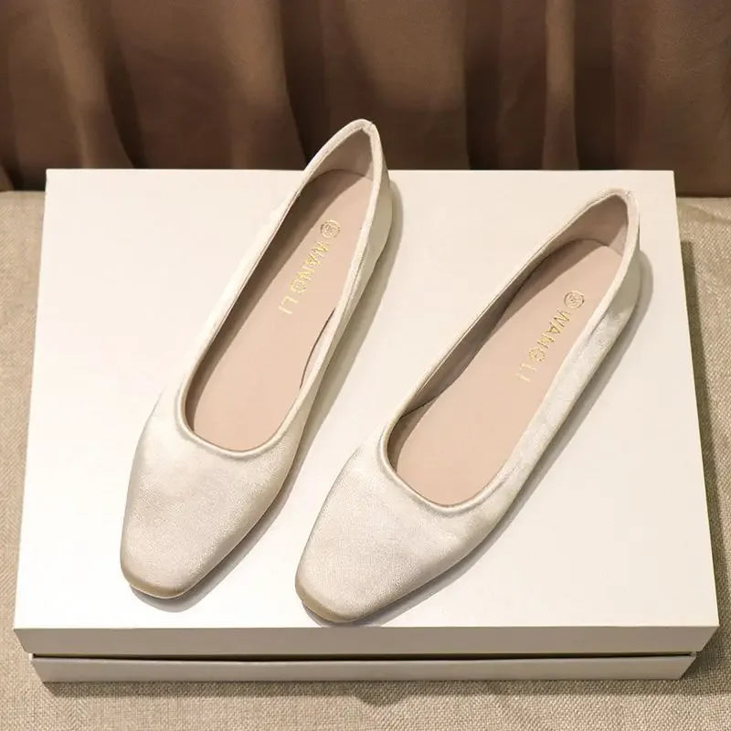 WANG LI Women’s Square Toe Slip-On Flats – Elegant Low Heel Office & Everyday Shoes