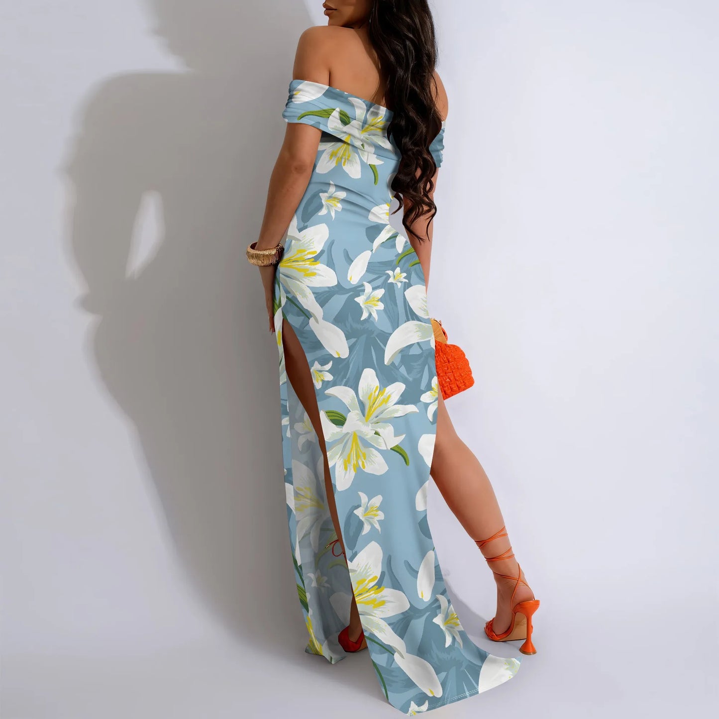 MOLLYER  Women’s Off-Shoulder Floral Maxi Dress with High Slit for Elegant Occasions