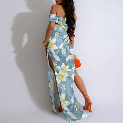 MOLLYER  Women’s Off-Shoulder Floral Maxi Dress with High Slit for Elegant Occasions