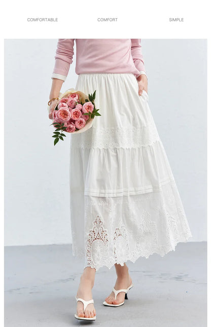VIMLY Women's Elegant White Lace Tiered Midi A-Line Skirt for Spring & Vacation Outfits