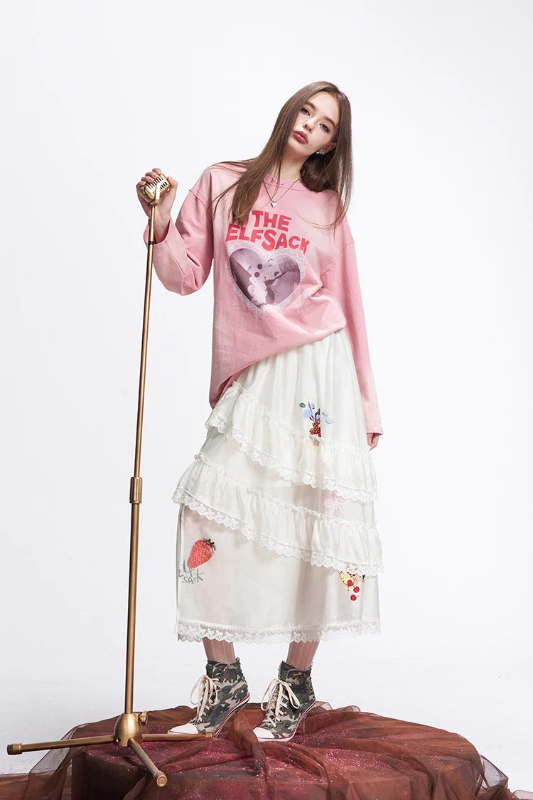 ELFSACK Layered Lace & Floral Midi Skirt – Romantic Spring Style