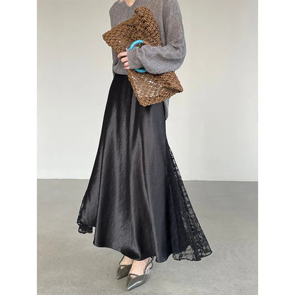 YEMOCILE Elegant Satin Lace Midi Skirt for Dressy & Feminine Outfits