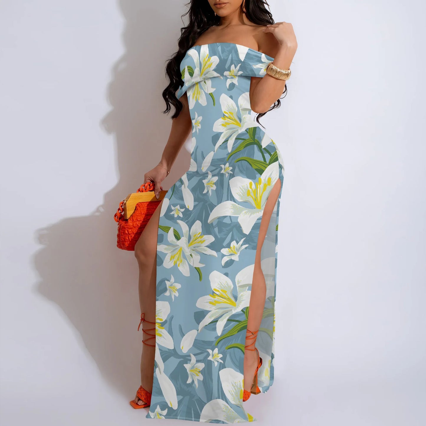 MOLLYER  Women’s Off-Shoulder Floral Maxi Dress with High Slit for Elegant Occasions