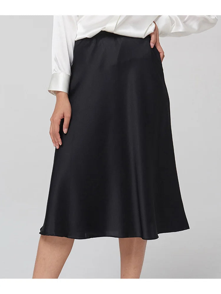 SuyaDream Elegant Silk A-Line Midi Skirt for Summer & Minimal Chic Outfits