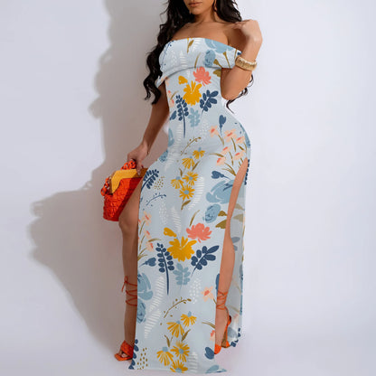 MOLLYER  Women’s Off-Shoulder Floral Maxi Dress with High Slit for Elegant Occasions