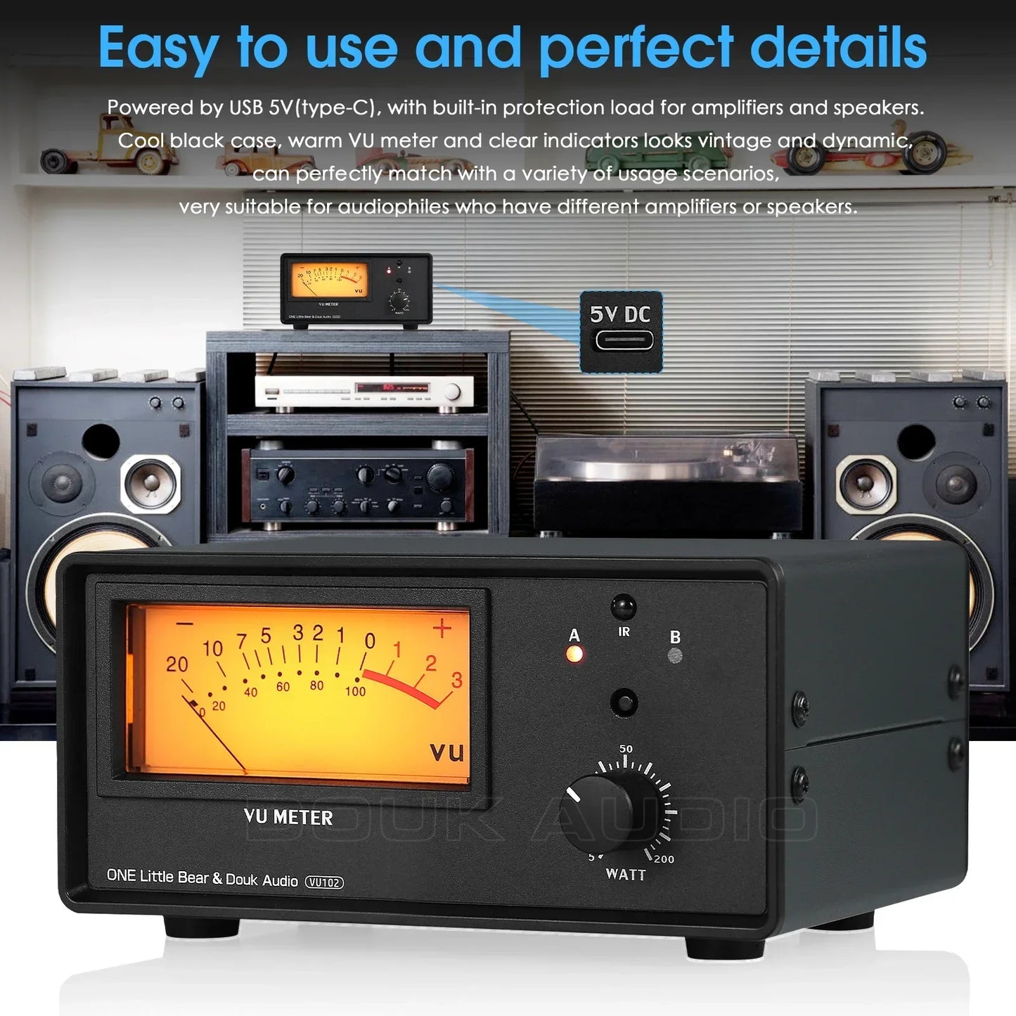 Douk Audio 2-In-1 Audio Switcher with VU Meter – IR Remote Amplifier & Speaker Selector