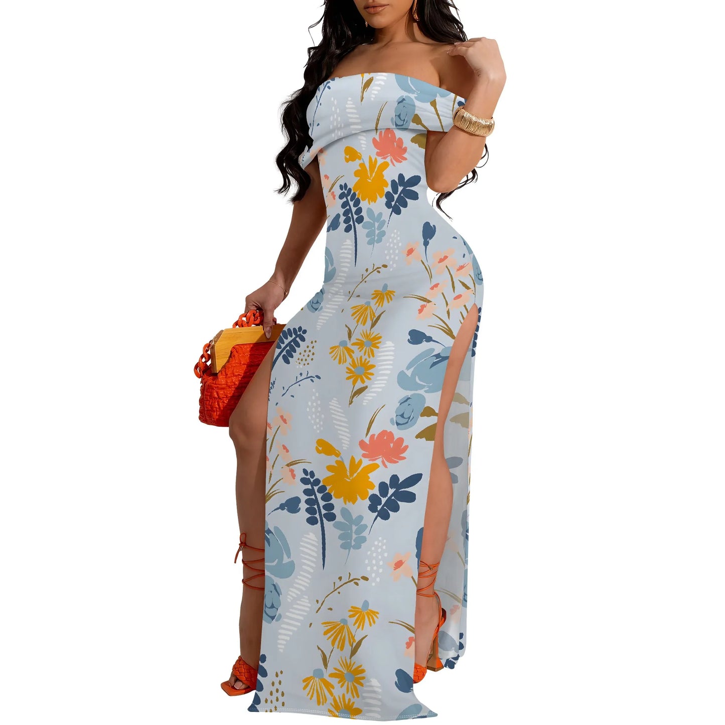 MOLLYER  Women’s Off-Shoulder Floral Maxi Dress with High Slit for Elegant Occasions