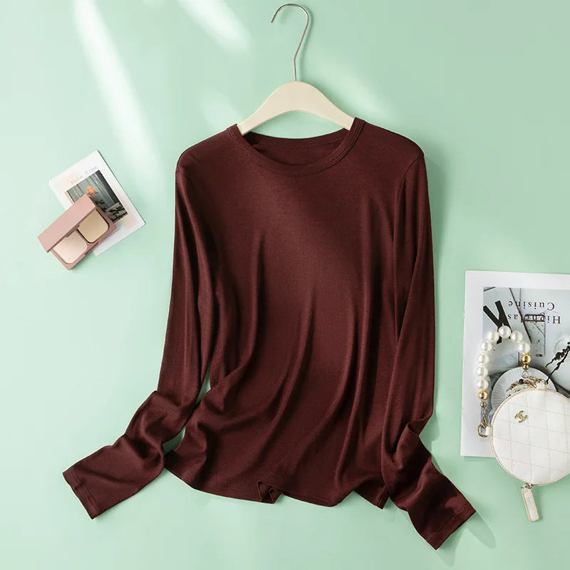 EMBELLIKE Elegant Silk-Feel Long Sleeve T-Shirt for Effortless Everyday Style