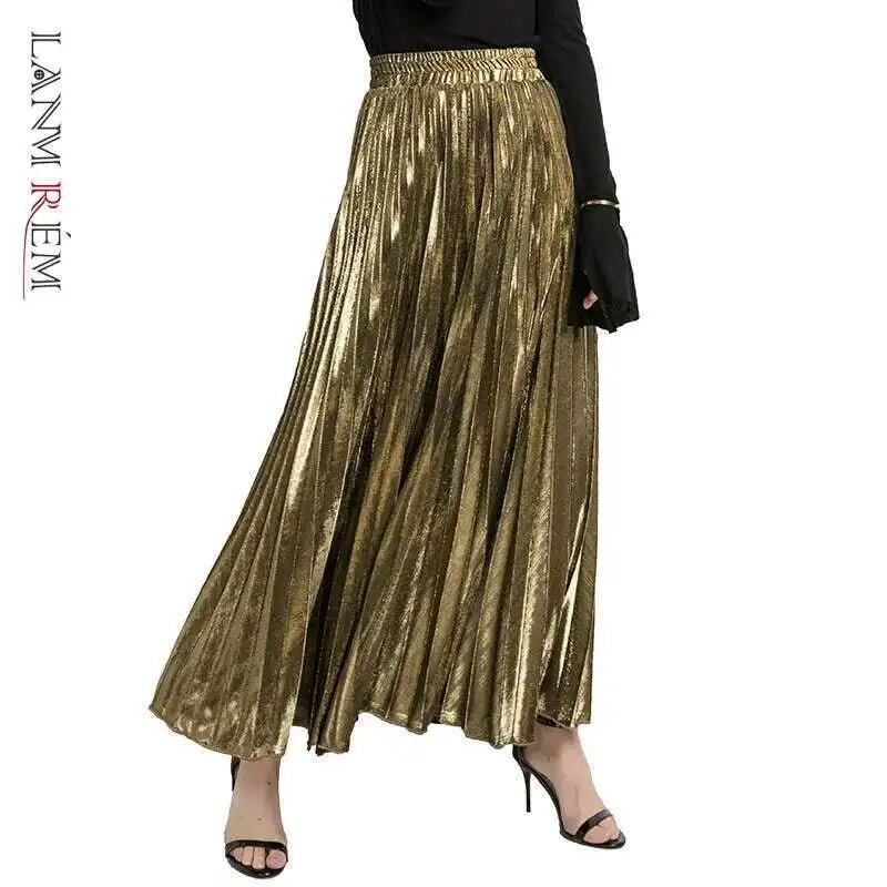 LANMREM 2025 High Waist A-Line Pleated Skirt