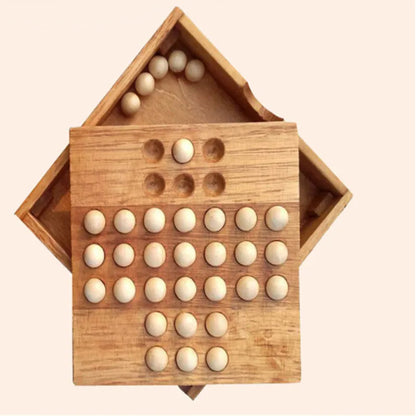 Wooden Marble Solitaire Board Game – Classic Strategy Puzzle with Storage Box