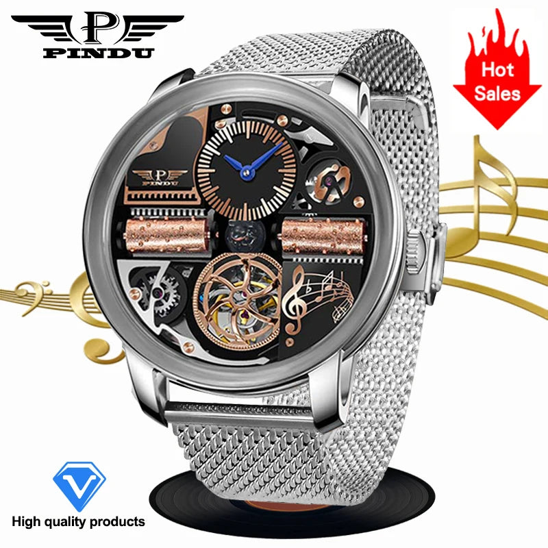 PINDU Music Series Skeleton Automatic Watch – Mechanical Luxury with Bold Design