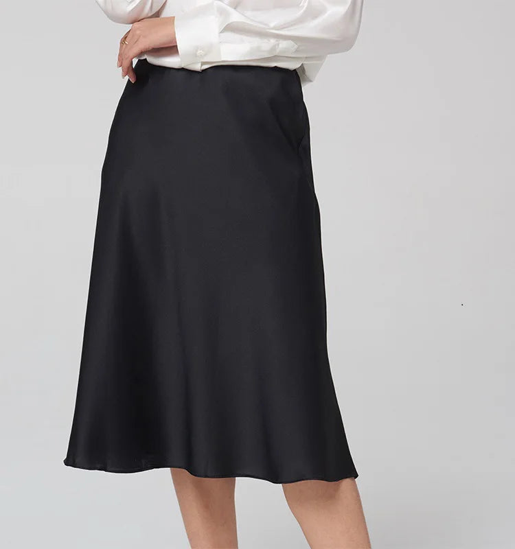 SuyaDream Elegant Silk A-Line Midi Skirt for Summer & Minimal Chic Outfits