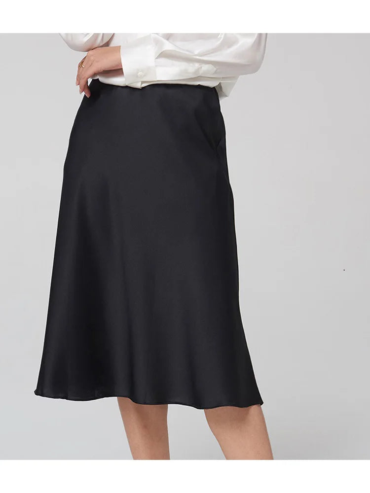SuyaDream Elegant Silk A-Line Midi Skirt for Summer & Minimal Chic Outfits