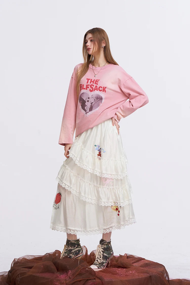 ELFSACK Layered Lace & Floral Midi Skirt – Romantic Spring Style