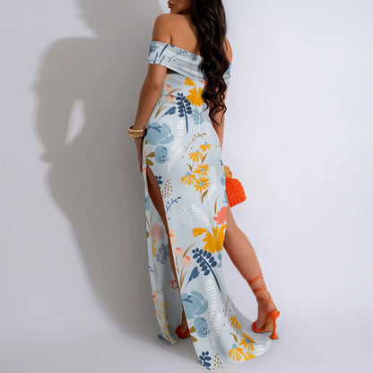 MOLLYER  Women’s Off-Shoulder Floral Maxi Dress with High Slit for Elegant Occasions