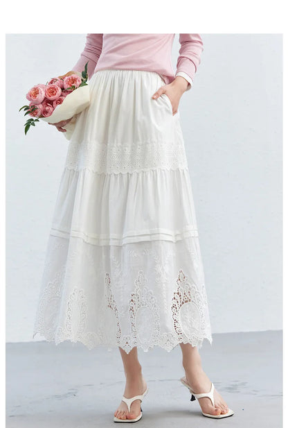VIMLY Women's Elegant White Lace Tiered Midi A-Line Skirt for Spring & Vacation Outfits