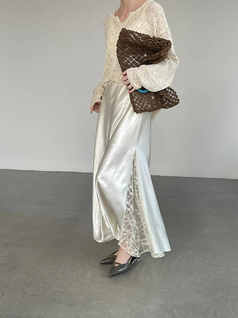 YEMOCILE Elegant Satin Lace Midi Skirt for Dressy & Feminine Outfits