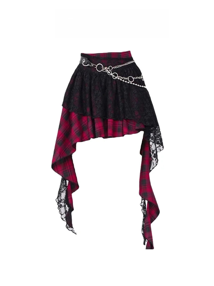 Women’s Y2K Plaid Lace Sash Skirt — High Waist A‑Line Punk Street Style