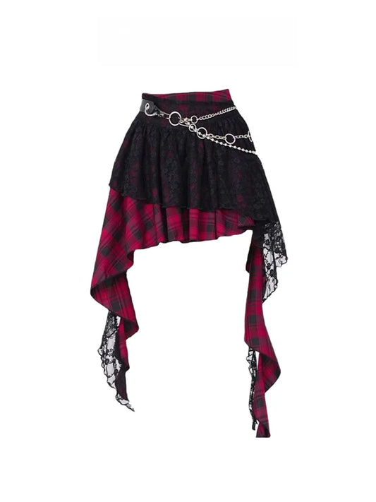 Women’s Y2K Plaid Lace Sash Skirt — High Waist A‑Line Punk Street Style