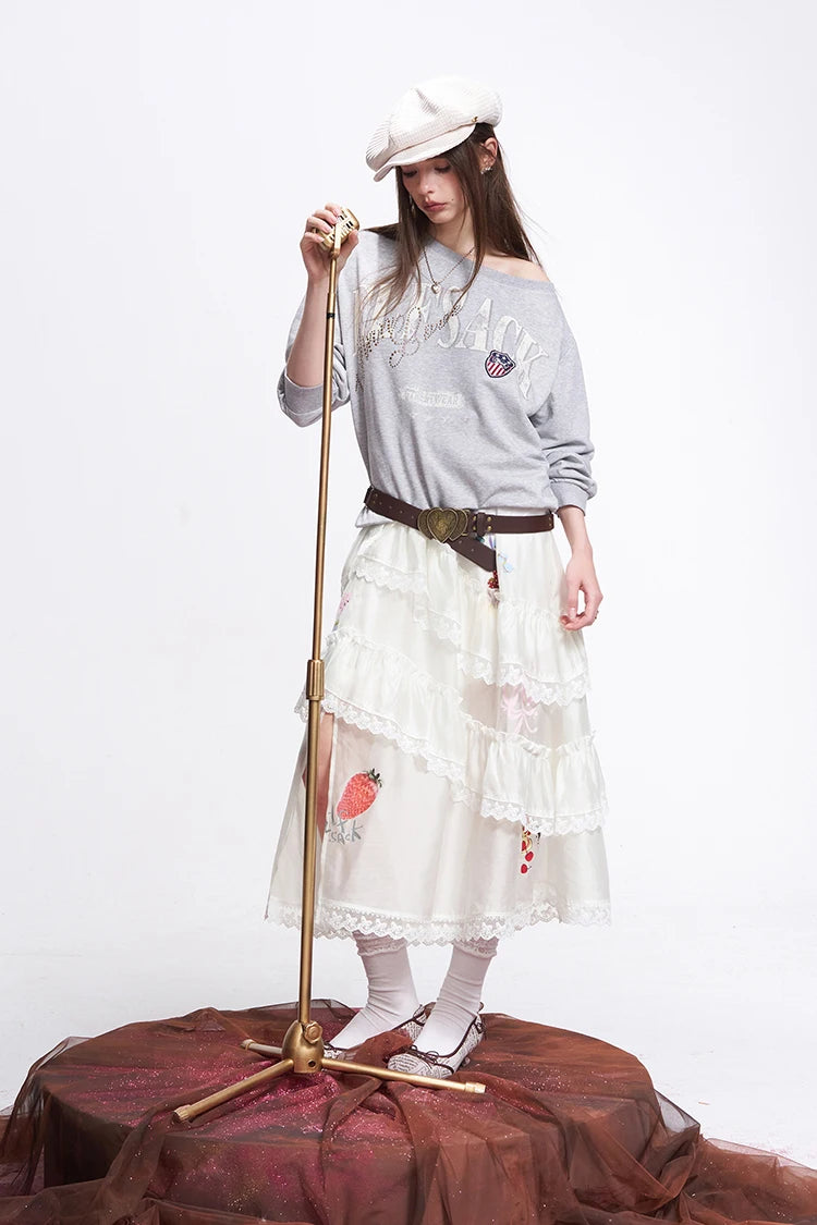 ELFSACK Layered Lace & Floral Midi Skirt – Romantic Spring Style