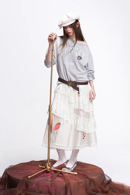 ELFSACK Layered Lace & Floral Midi Skirt – Romantic Spring Style
