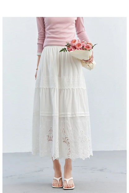 VIMLY Women's Elegant White Lace Tiered Midi A-Line Skirt for Spring & Vacation Outfits
