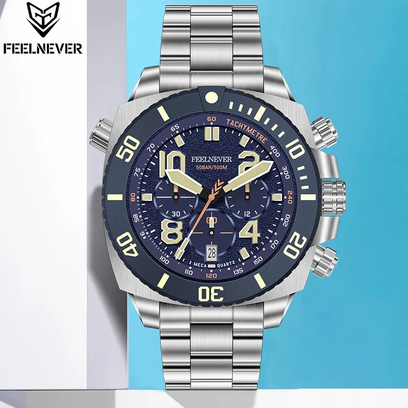 LIGE FeelNever FN1801 Men’s Luxury-Style Chronograph Dive Watch – Stainless Steel Sapphire Glass Edition