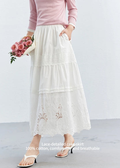 VIMLY Women's Elegant White Lace Tiered Midi A-Line Skirt for Spring & Vacation Outfits