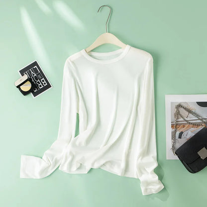 EMBELLIKE Elegant Silk-Feel Long Sleeve T-Shirt for Effortless Everyday Style