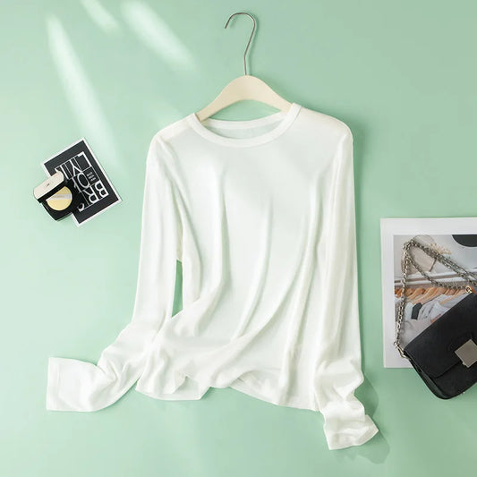 EMBELLIKE Elegant Silk-Feel Long Sleeve T-Shirt for Effortless Everyday Style