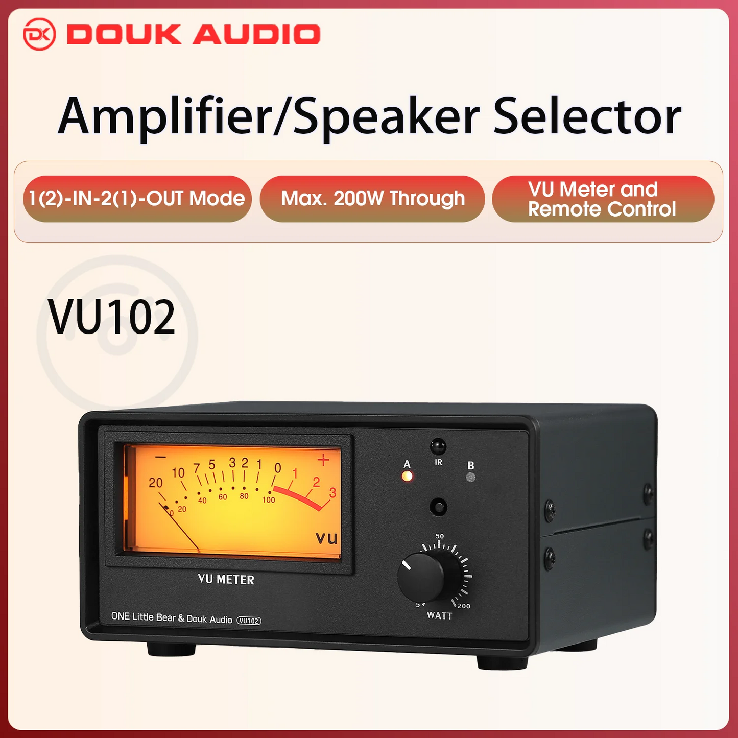 Douk Audio 2-In-1 Audio Switcher with VU Meter – IR Remote Amplifier & Speaker Selector