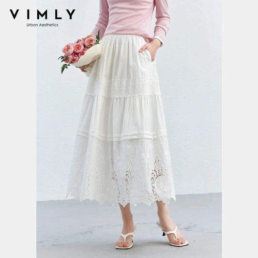 VIMLY Women's Elegant White Lace Tiered Midi A-Line Skirt for Spring & Vacation Outfits