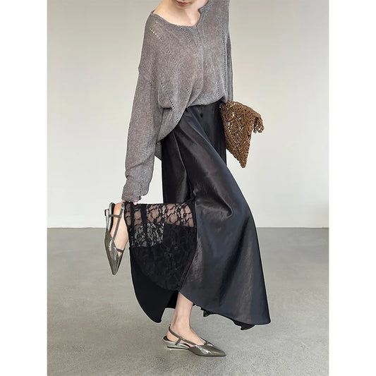 YEMOCILE Elegant Satin Lace Midi Skirt for Dressy & Feminine Outfits