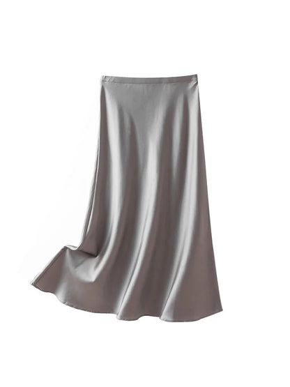SuyaDream Elegant Silk A-Line Midi Skirt for Summer & Minimal Chic Outfits