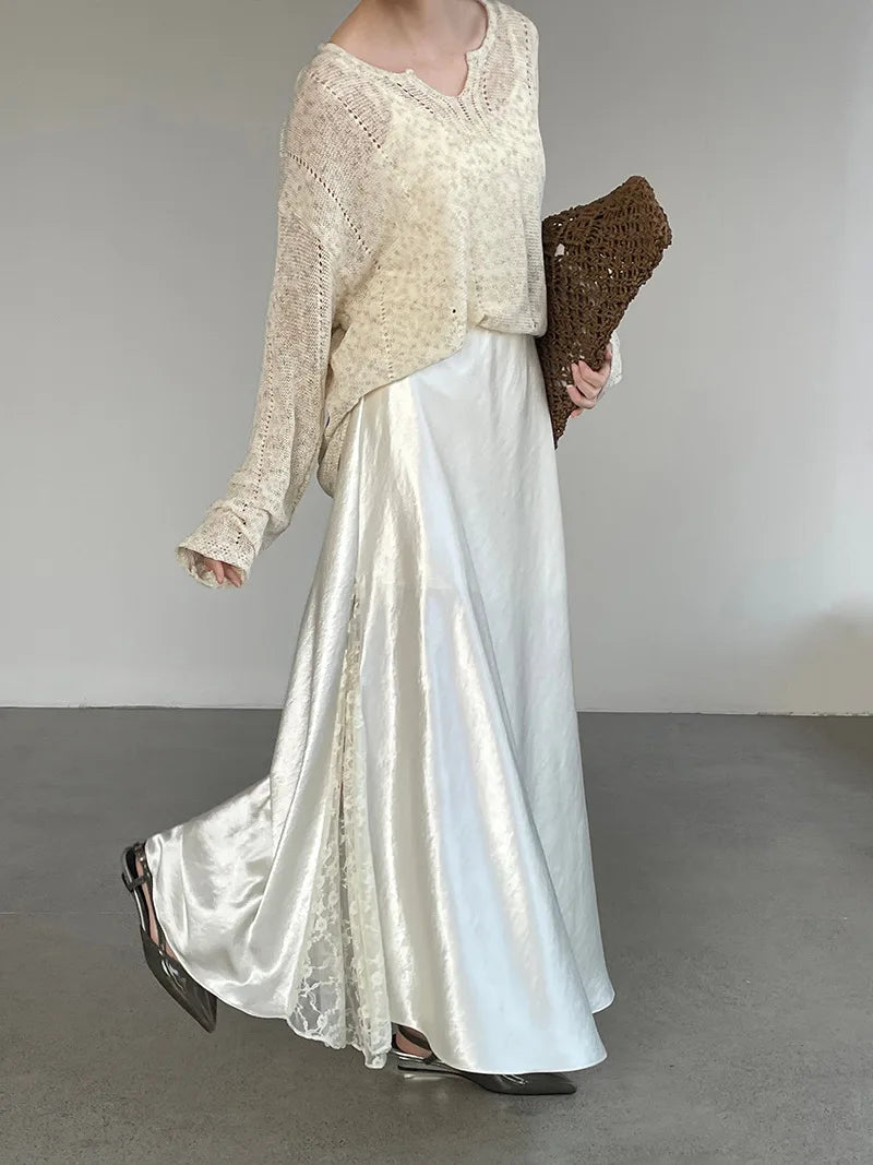 YEMOCILE Elegant Satin Lace Midi Skirt for Dressy & Feminine Outfits