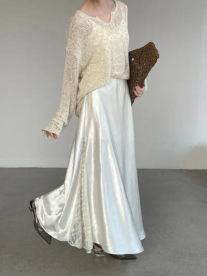 YEMOCILE Elegant Satin Lace Midi Skirt for Dressy & Feminine Outfits