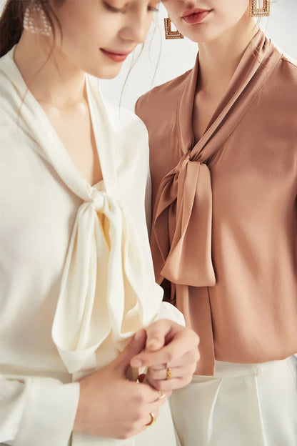 SFELIKY Elegant Silk Bow Tie Blouse for Spring & Summer Outfits