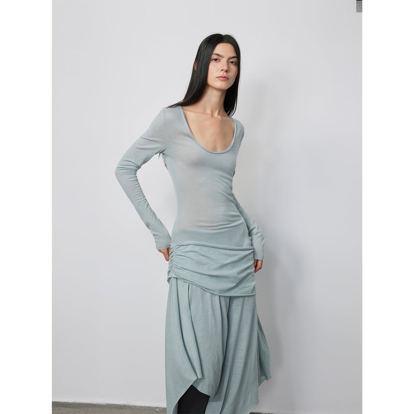 100% Wool U-Neck Irregular Hem Long Dress