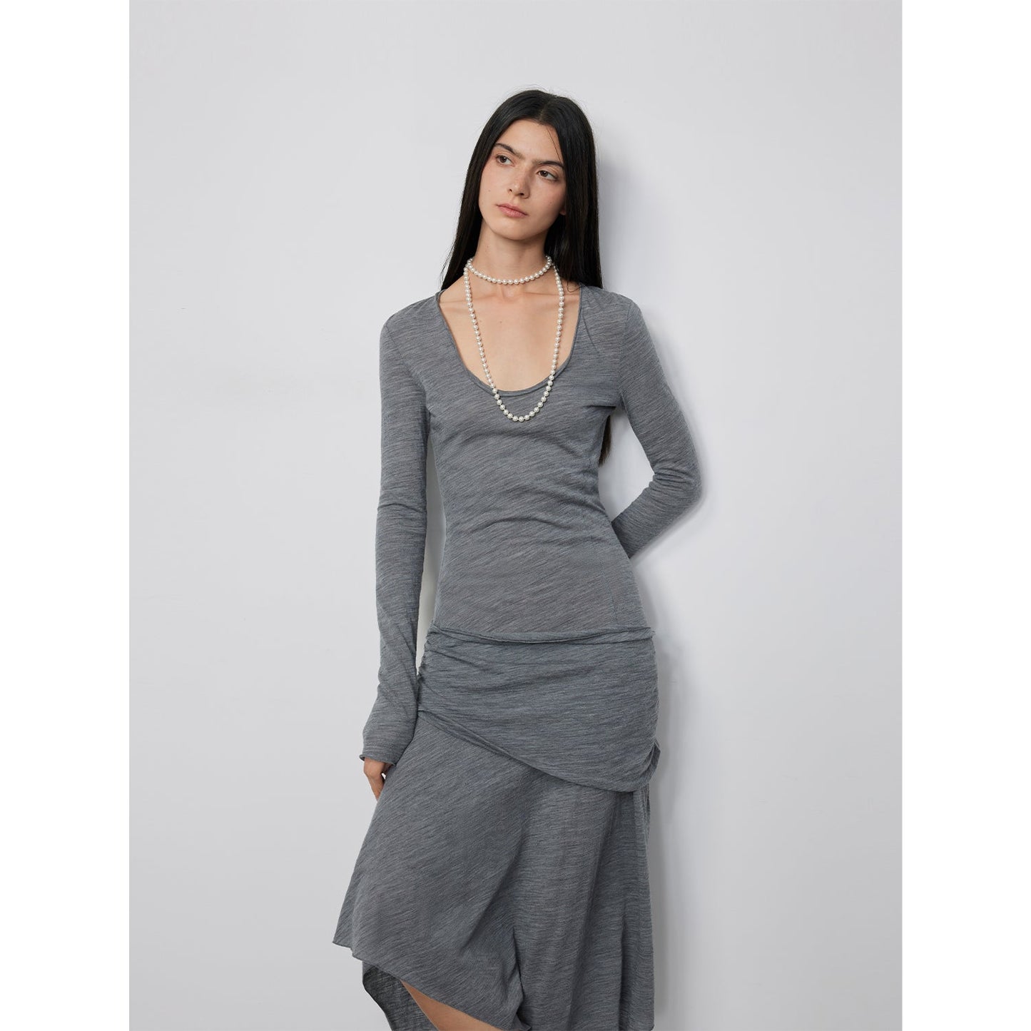 100% Wool U-Neck Irregular Hem Long Dress