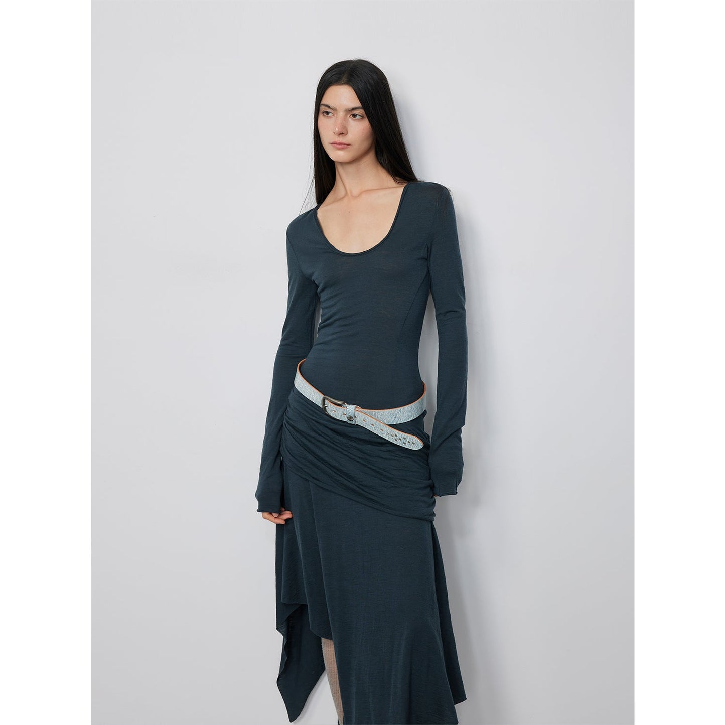 100% Wool U-Neck Irregular Hem Long Dress