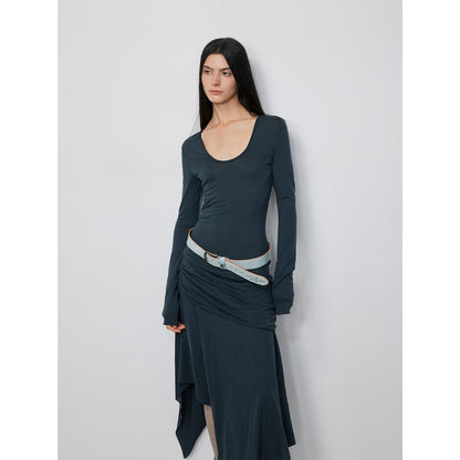 100% Wool U-Neck Irregular Hem Long Dress
