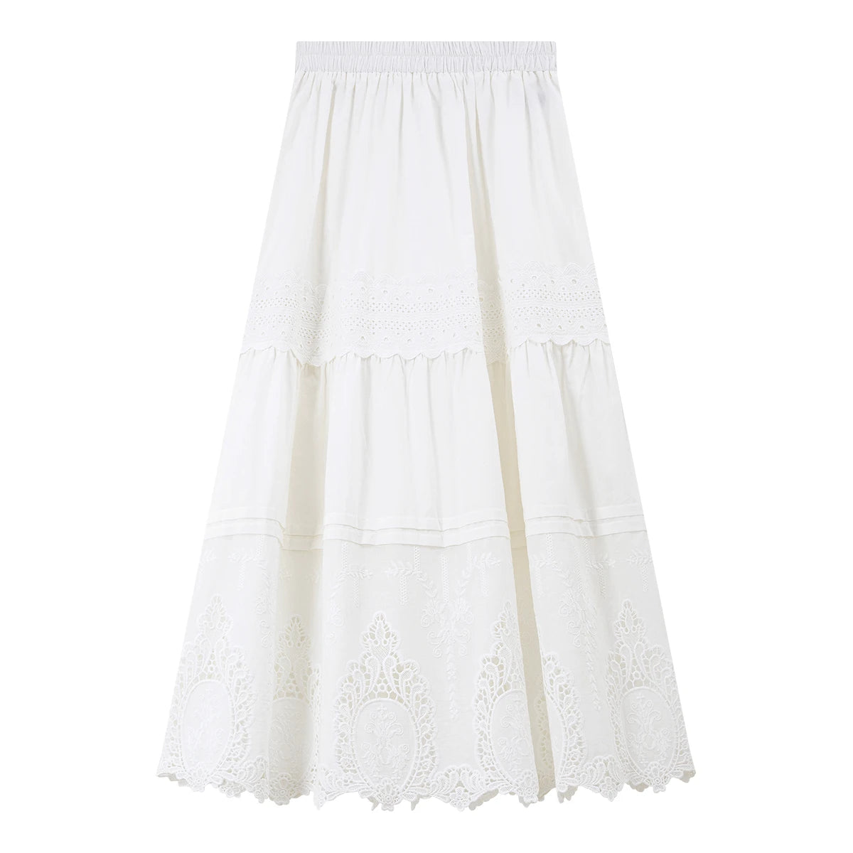 VIMLY Women's Elegant White Lace Tiered Midi A-Line Skirt for Spring & Vacation Outfits