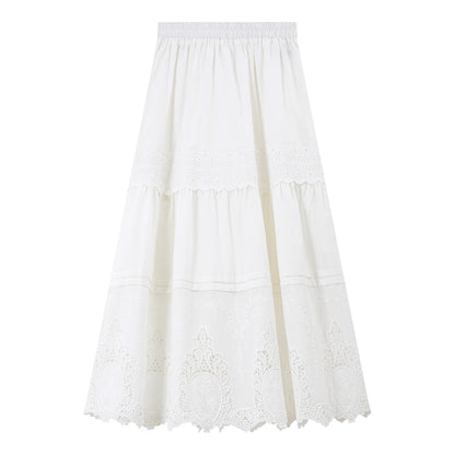 VIMLY Women's Elegant White Lace Tiered Midi A-Line Skirt for Spring & Vacation Outfits