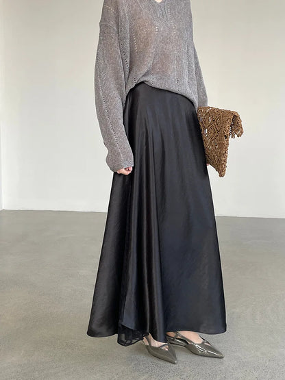 YEMOCILE Elegant Satin Lace Midi Skirt for Dressy & Feminine Outfits