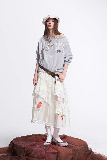 ELFSACK Layered Lace & Floral Midi Skirt – Romantic Spring Style