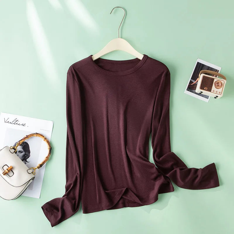 EMBELLIKE Elegant Silk-Feel Long Sleeve T-Shirt for Effortless Everyday Style