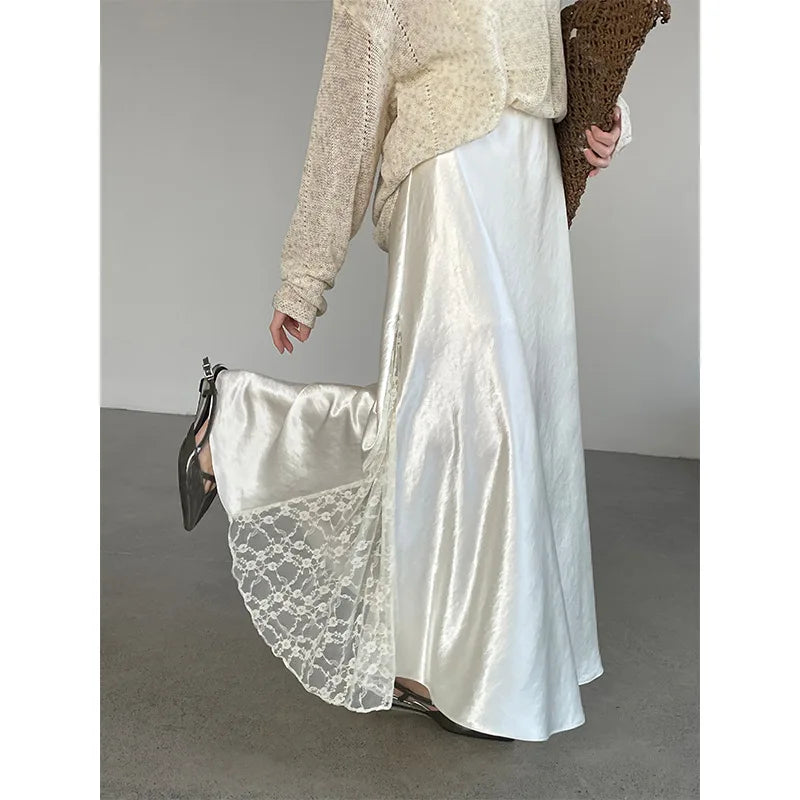 YEMOCILE Elegant Satin Lace Midi Skirt for Dressy & Feminine Outfits