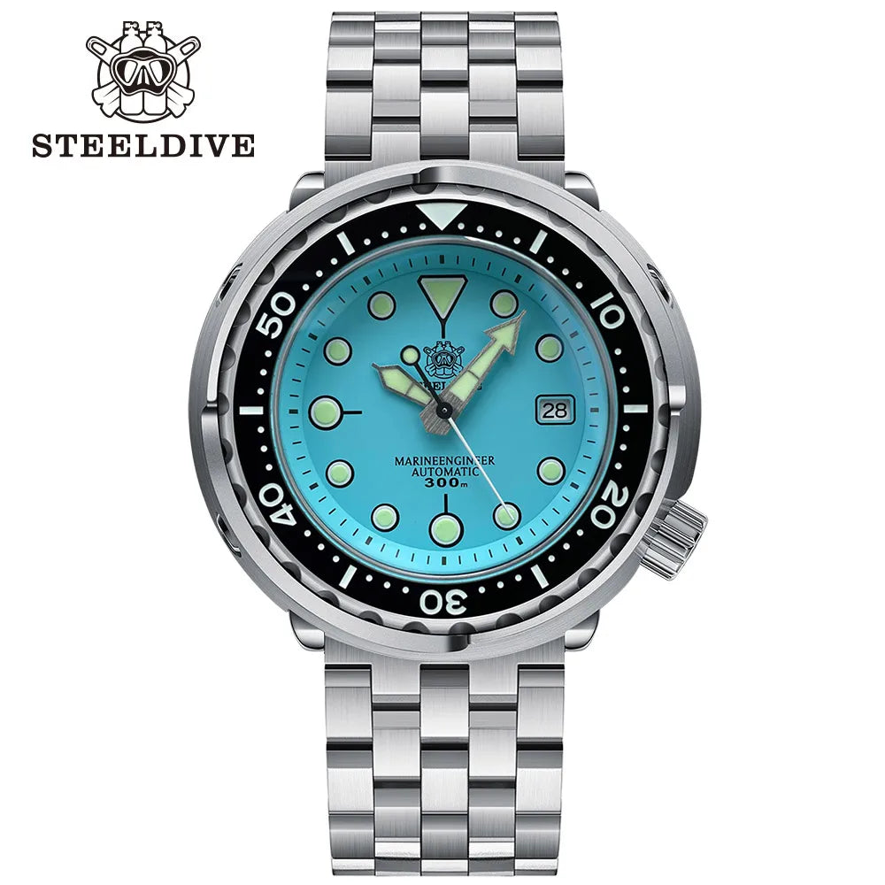 STEELDIVE  SD1975 Professional 300M Automatic Dive Watch – Turquoise Dial Stainless Steel Diver
