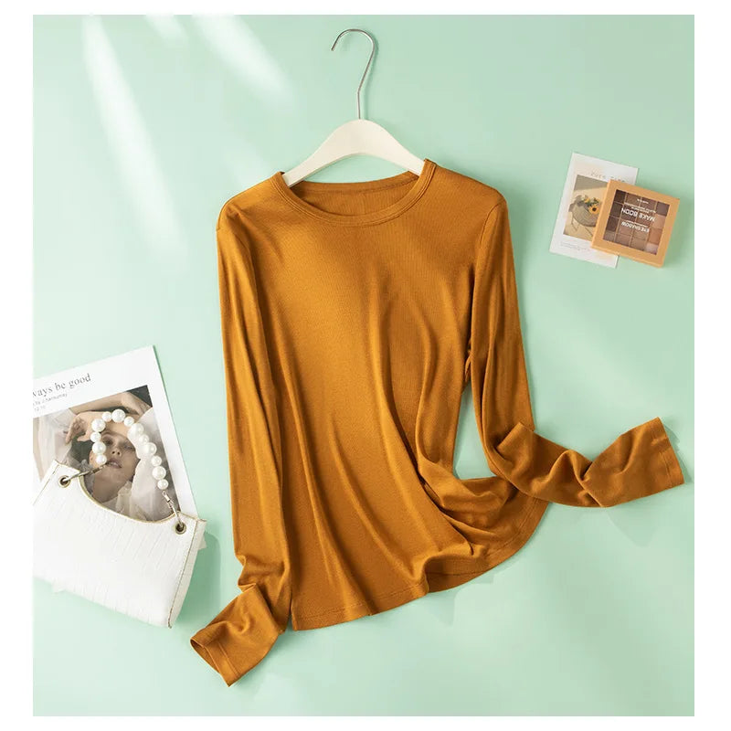 EMBELLIKE Elegant Silk-Feel Long Sleeve T-Shirt for Effortless Everyday Style