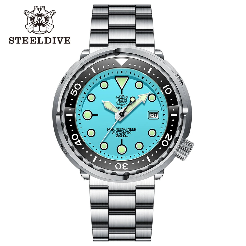 STEELDIVE  SD1975 Professional 300M Automatic Dive Watch – Turquoise Dial Stainless Steel Diver